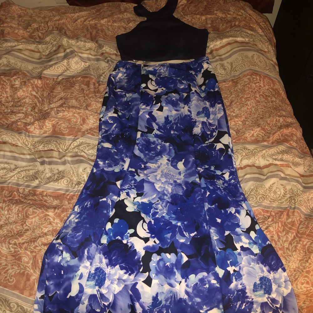 Navy blue floral two piece homecoming / prom dress